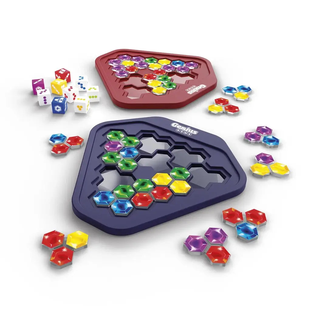 Genius Gems board game set with red and blue hexagonal trays, jewel-shaped colorful pieces, and multiple white dice arranged neatly against a white surface.
