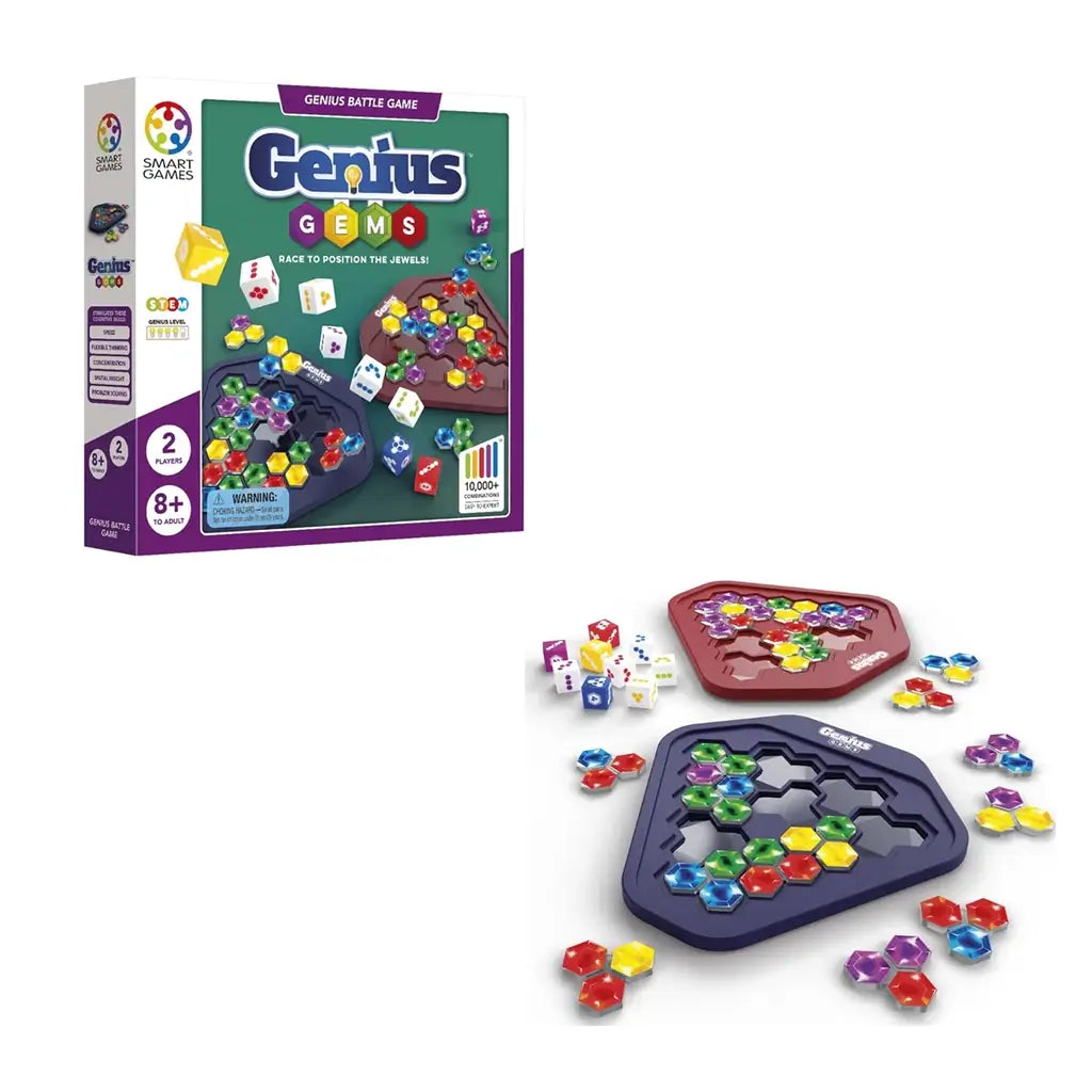 Smart Games Genius Gems package shows game components with jewel-like hexagon pieces, dice, and dual trays, emphasizing 10,000+ combinations and STEM benefits.