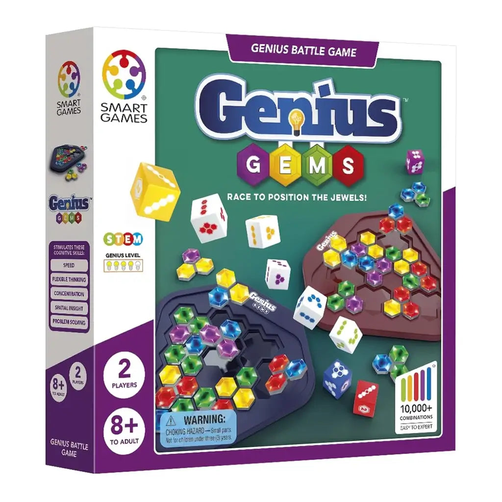 Smart Games Genius Gems box with green background displays jewel-shaped hexagonal pieces, dice, and red and black trays, highlighting this competitive puzzle game.