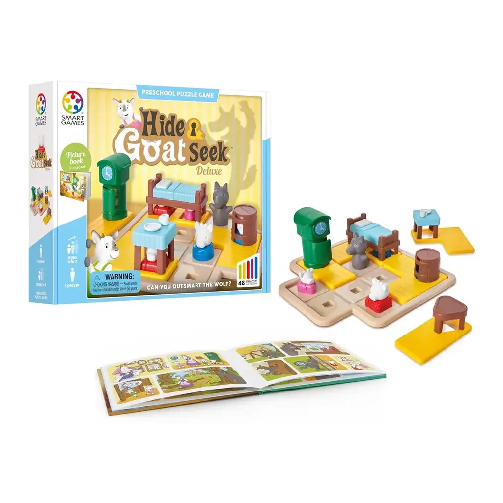 Smart Games Hide & Goat Seek Deluxe set including illustrated picture book, puzzle board, wolf, goats, and colorful furniture pieces for preschoolers to solve hide-and-seek challenges.