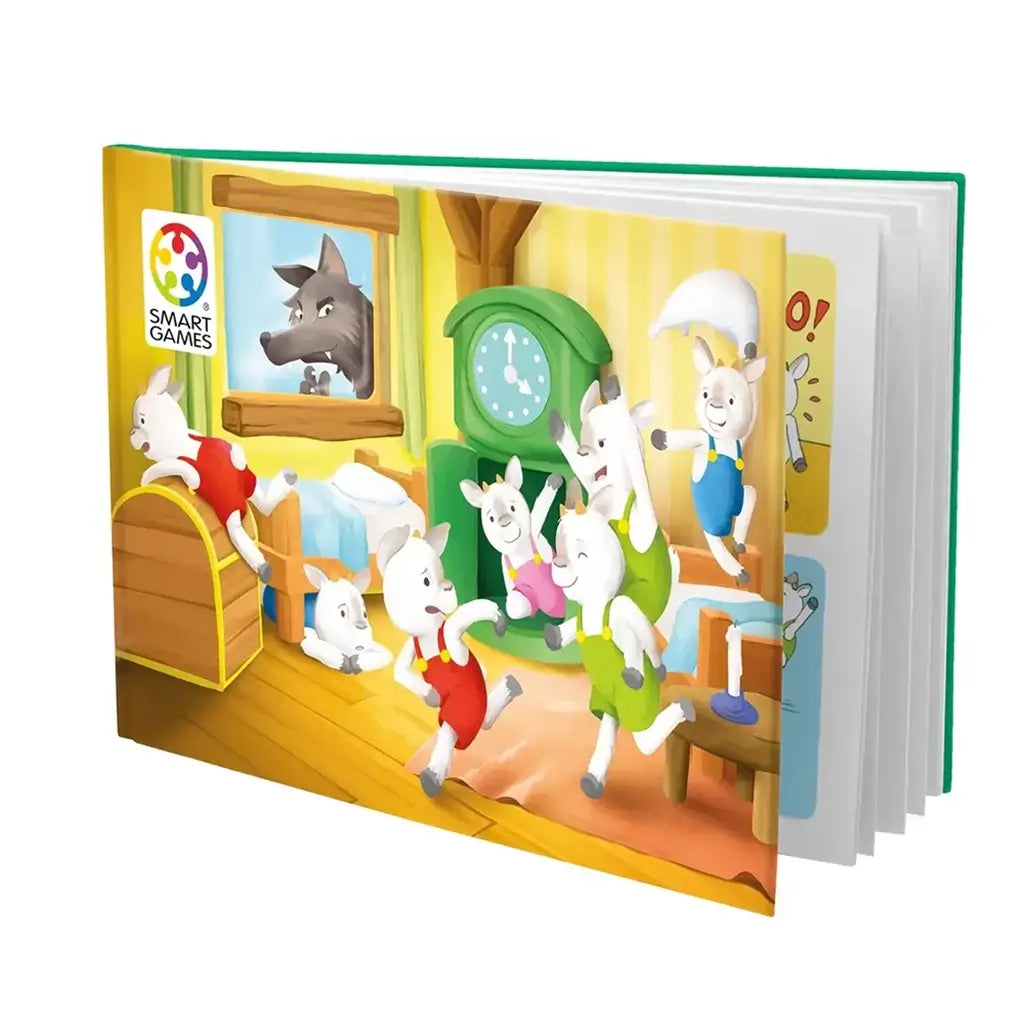 Smart Games picture book cover with playful goats inside a cozy room and a wolf peeking through the window, included with the Hide & Goat Seek puzzle for storytelling and learning.