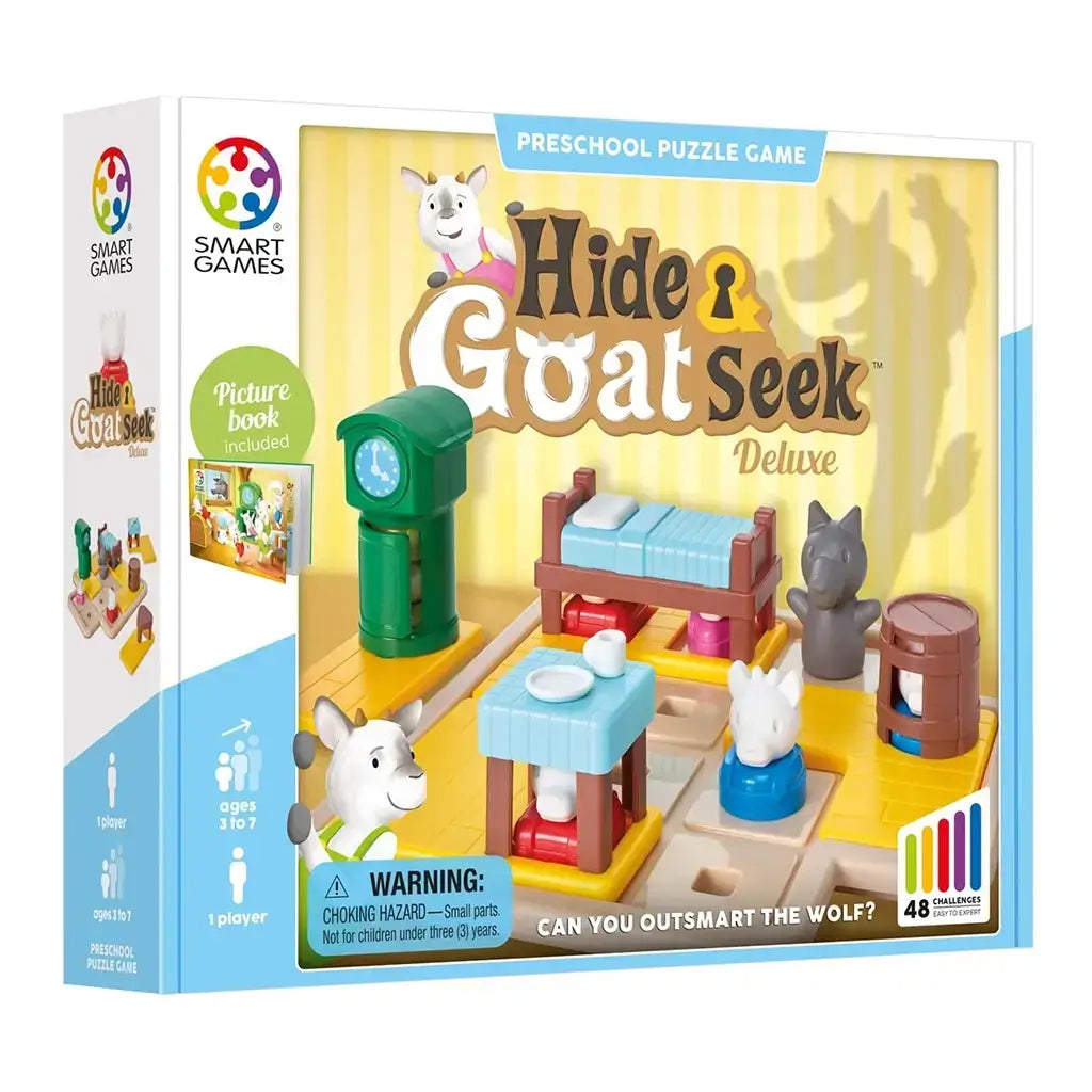 Smart Games Hide & Goat Seek Deluxe preschool puzzle box showing game components, goats, wolf, and furniture pieces on a yellow-tiled board, designed for ages three to seven.