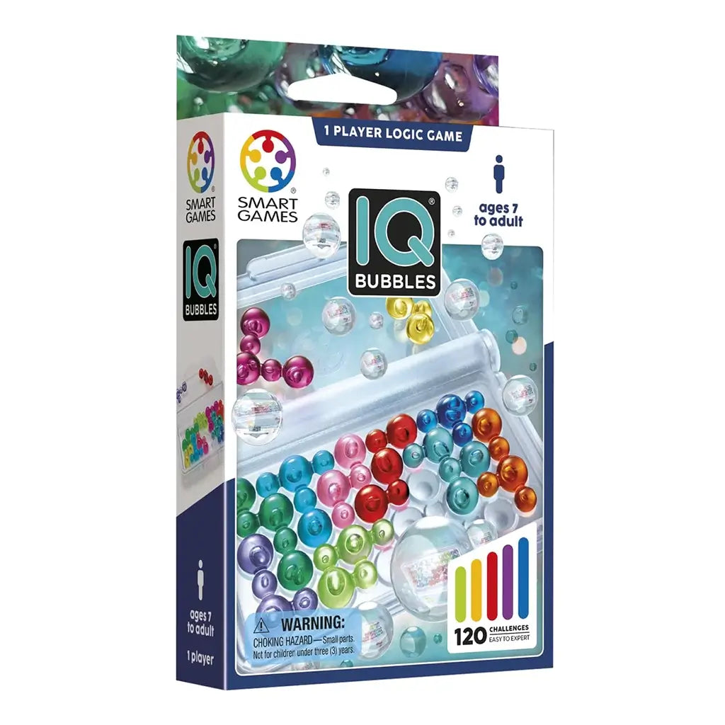 Retail packaging for Smart Games IQ Bubbles logic puzzle, featuring colorful bubble piece graphics, 120 challenge levels, age rating 7 to adult, and one-player game details.