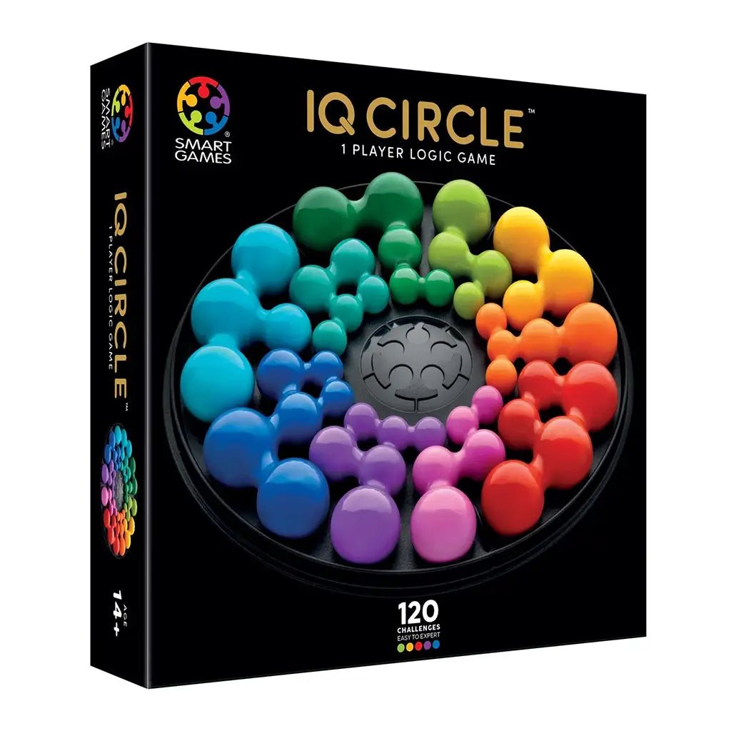 SmartGames IQ Circle puzzle box featuring a completed rainbow gradient of glossy ball-shaped clusters filling a black circular tray, promoting 120 challenges.