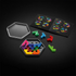 SmartGames IQ Hexagon set displayed with open hexagonal case, bright puzzle pieces, clear lid, and instruction booklet showing colorful starter challenges.