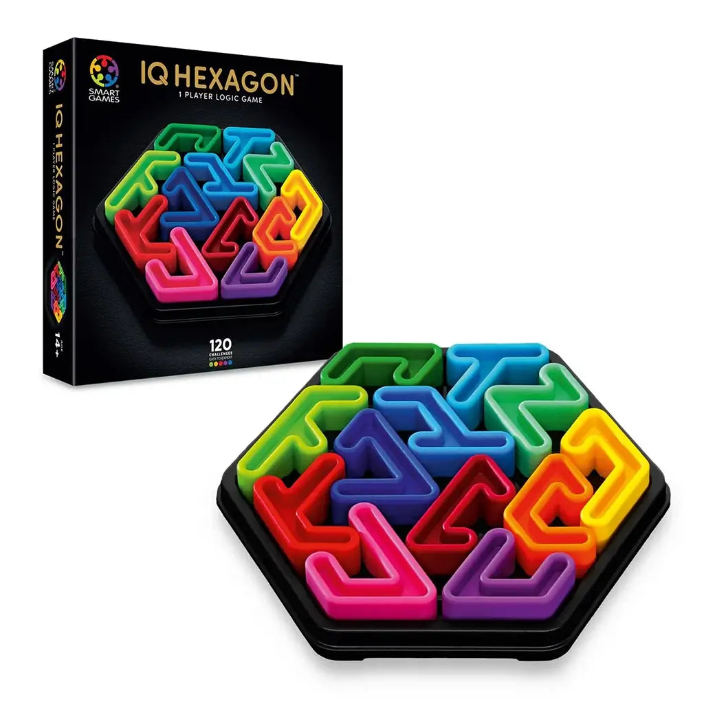SmartGames IQ Hexagon puzzle shown in retail packaging with black background, featuring multicolored hexagonal pieces arranged in a compact travel case.