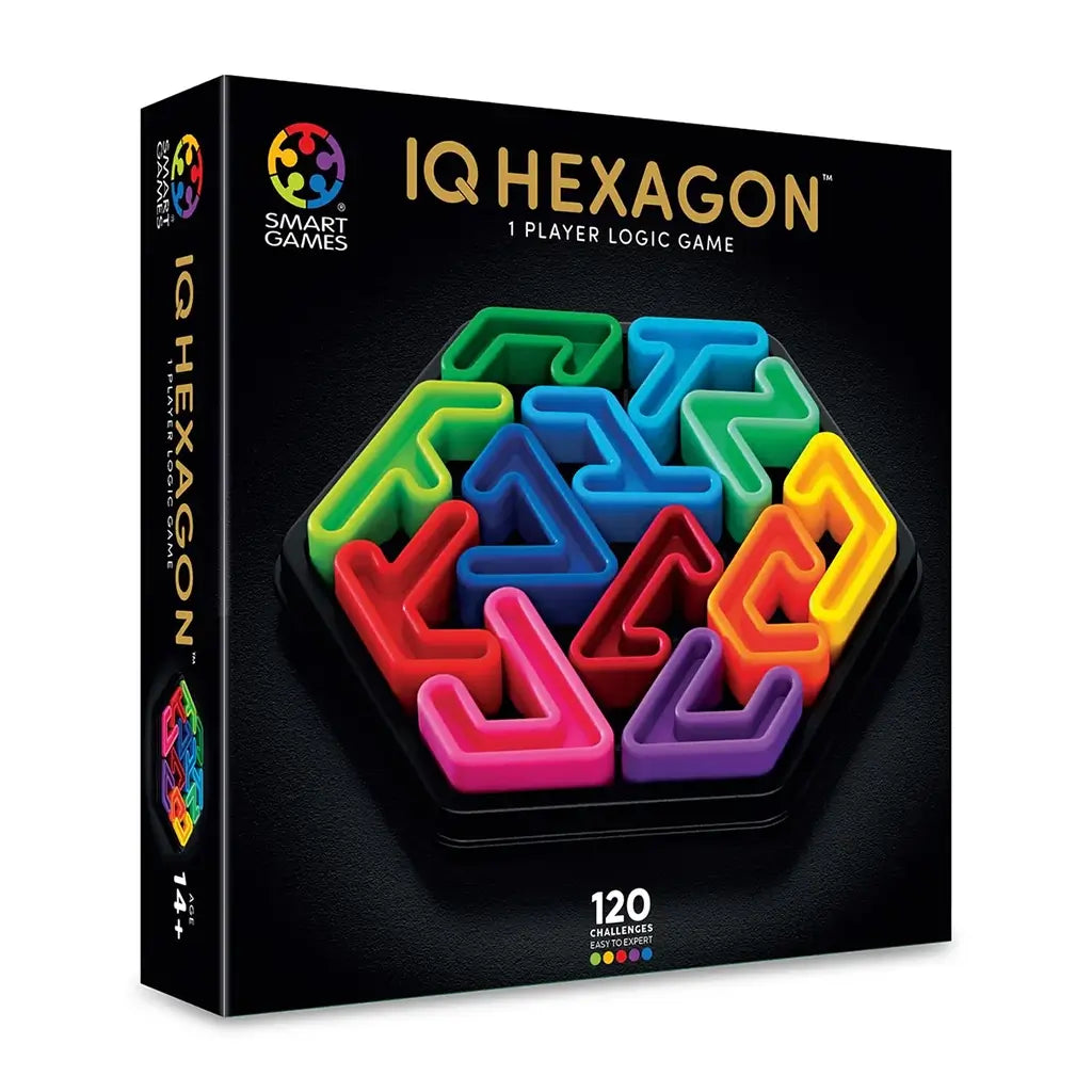 Front view of SmartGames IQ Hexagon retail box showing hexagonal puzzle pieces in rainbow colors fitted into black case, highlighting 120 logic challenges.
