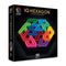 Front view of SmartGames IQ Hexagon retail box showing hexagonal puzzle pieces in rainbow colors fitted into black case, highlighting 120 logic challenges.