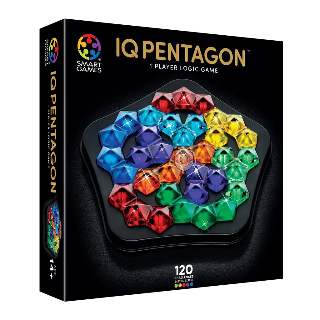 SmartGames IQ Pentagon puzzle box featuring a black pentagon tray filled with jewel-like pieces in multiple bright colors, highlighting 120 brain challenges.