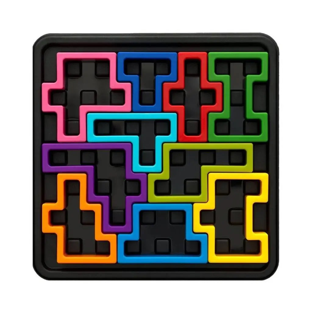 SmartGames IQ Square puzzle fully completed with bright pink, blue, orange, green, yellow, purple, and red plastic pieces neatly filling the black tray.