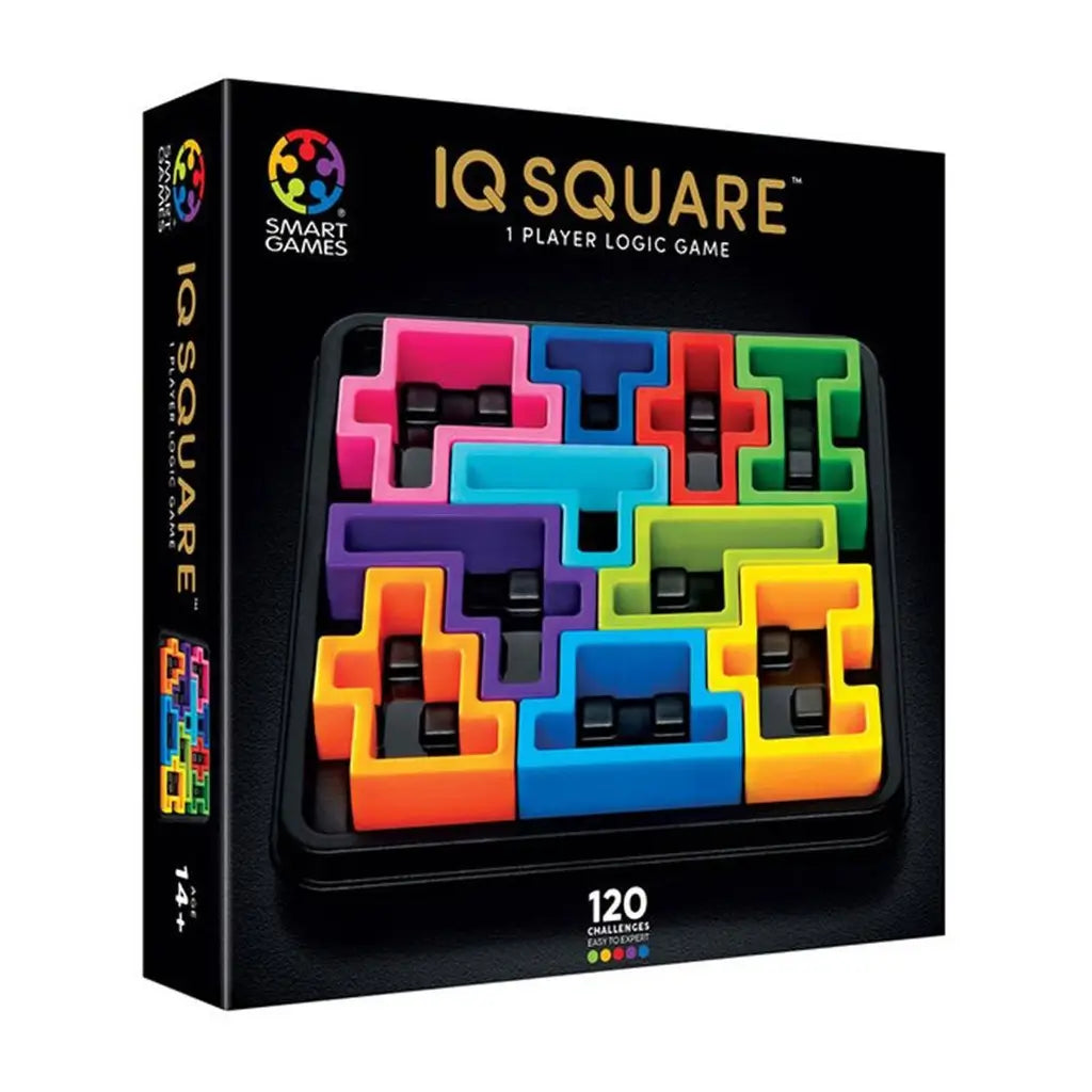 SmartGames IQ Square puzzle box featuring a completed multicolored block arrangement in a black tray, highlighting 120 brain-teasing challenges for ages 14+.