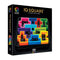 SmartGames IQ Square puzzle box featuring a completed multicolored block arrangement in a black tray, highlighting 120 brain-teasing challenges for ages 14+.