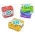 Collection of SmartGames IQ Mini puzzles in red, green, yellow, blue, and purple cases, stacked and displayed in clear boxes highlighting portable design.