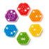 Set of IQ Mini Hexpert puzzles in hexagonal cases with clear lids, displayed in red, yellow, green, blue, and purple, each filled with matching colored sphere pieces.