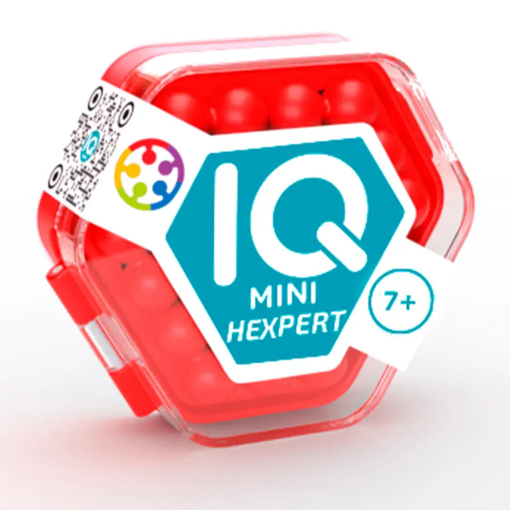 Smart Games IQ Mini Hexpert in a red hexagon case with clear lid, designed for ages 7 and up, containing interlocking red spheres for challenging brainteaser play.