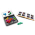 SmartGames IQ Noodles puzzle tray partially filled with flexible rainbow pieces, alongside an illustrated challenge booklet displaying various colorful grids.