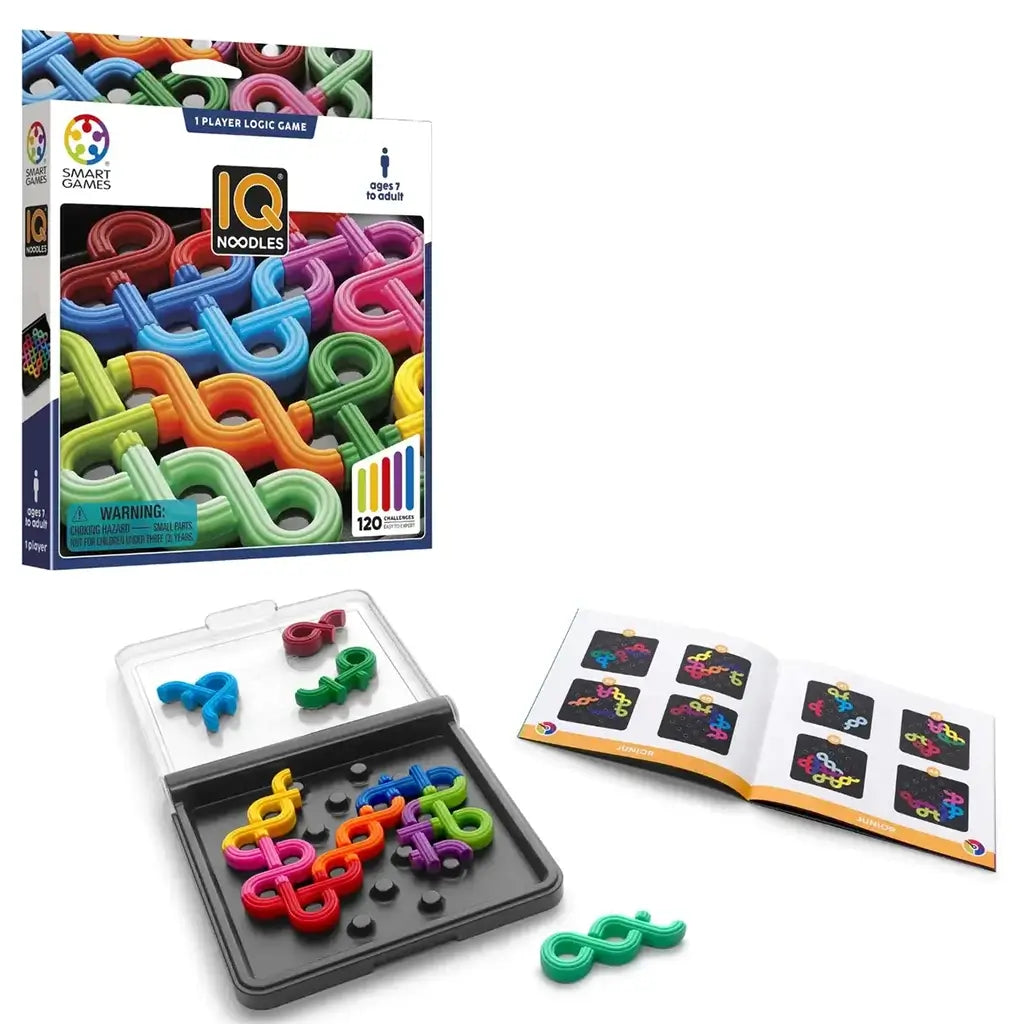 Front view of SmartGames IQ Noodles packaging showing interlocked rainbow-colored noodle puzzle pieces arranged inside the game tray for 1 player logic play.