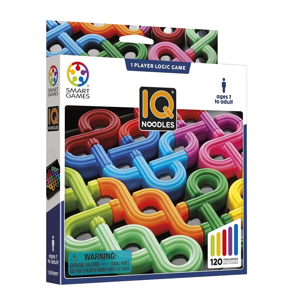 SmartGames IQ Noodles puzzle box featuring colorful flexible noodle-shaped pieces in red, green, yellow, blue, and pink, with 120 challenges for ages 7+.