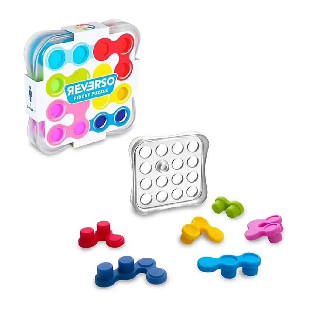 Reverso Fidget Puzzle set shown with clear square grid case, detachable colorful bubble pieces, and compact travel-friendly design for hands-on brainteaser fun.