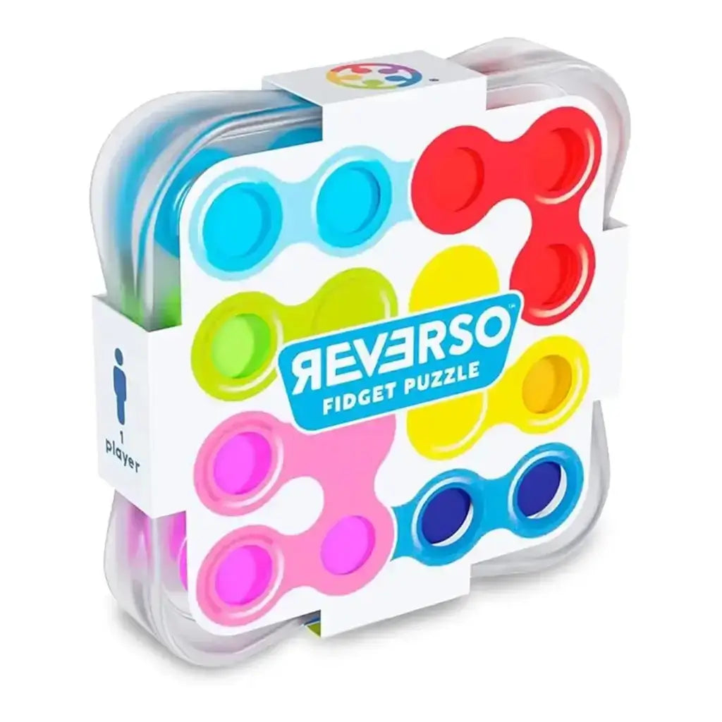 Smart Games Reverso Fidget Puzzle packaging with square transparent case, featuring red, pink, blue, green, and yellow bubble-like pieces for tactile puzzle play.