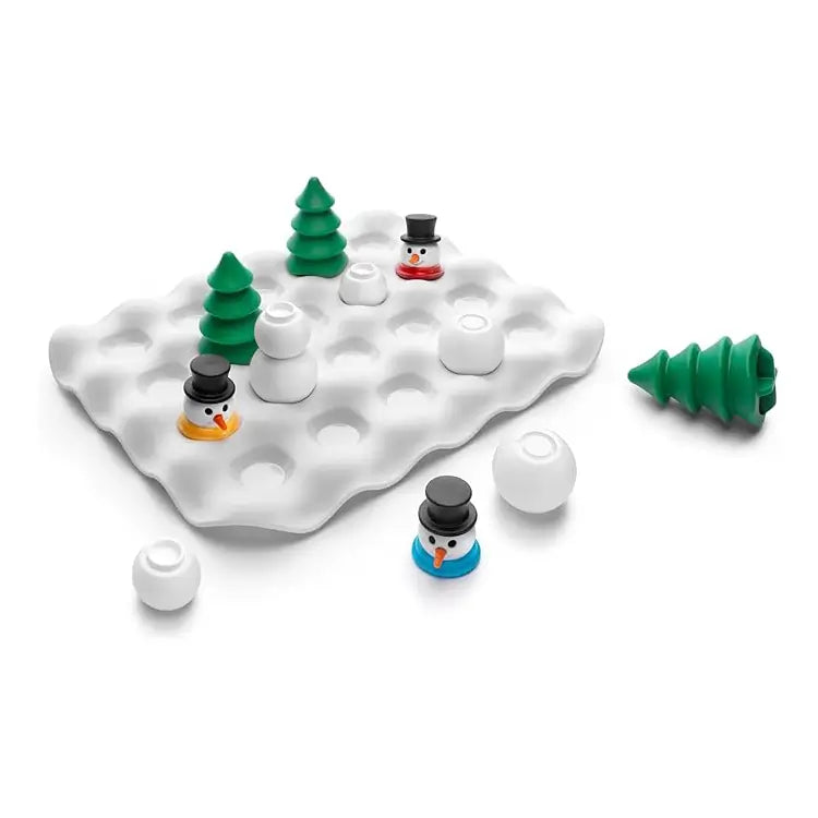 Snow Problem! puzzle set laid out with detachable snowmen parts, pine trees, and round snow pieces on a white snowy grid base, highlighting its interactive assembly gameplay.