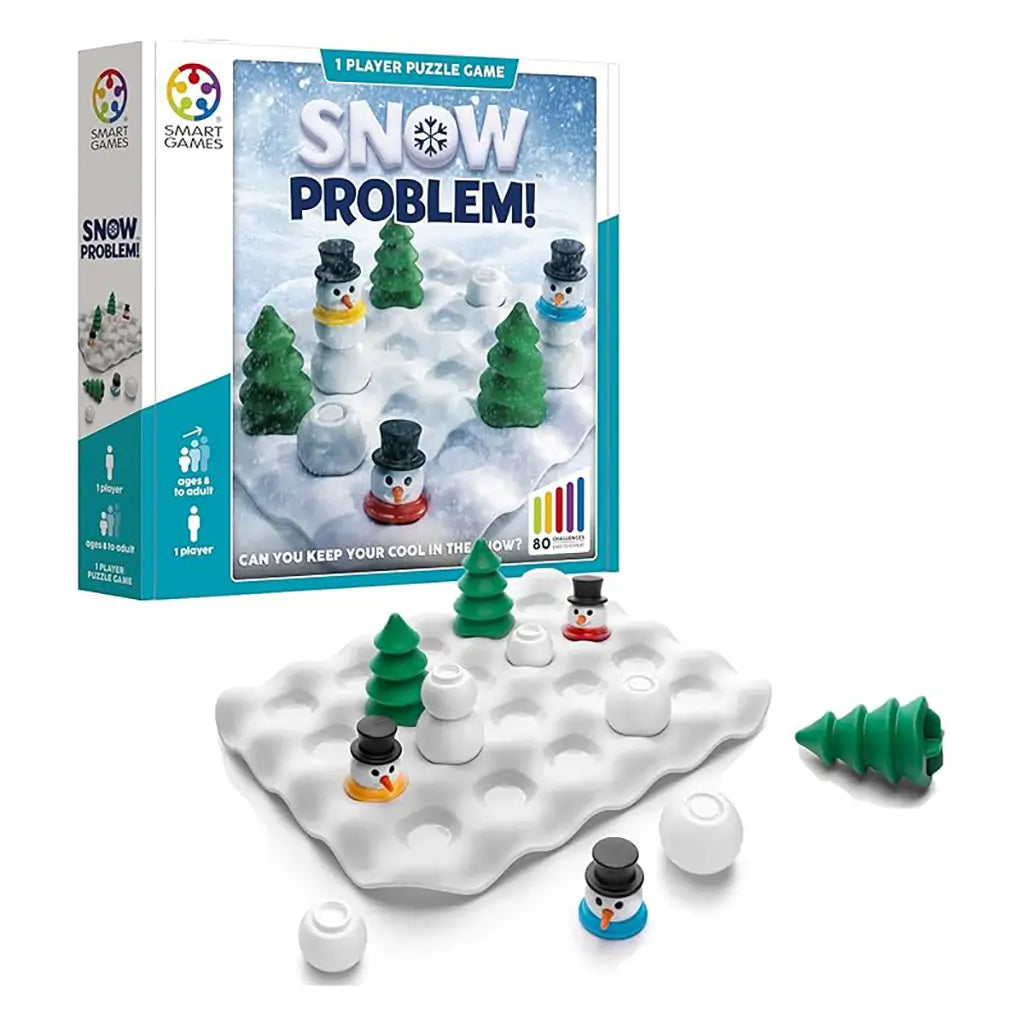 Smart Games Snow Problem! puzzle packaging and game board showing colorful snowmen, igloos, and pine trees on a snowy grid base, designed as a one-player winter brain teaser.