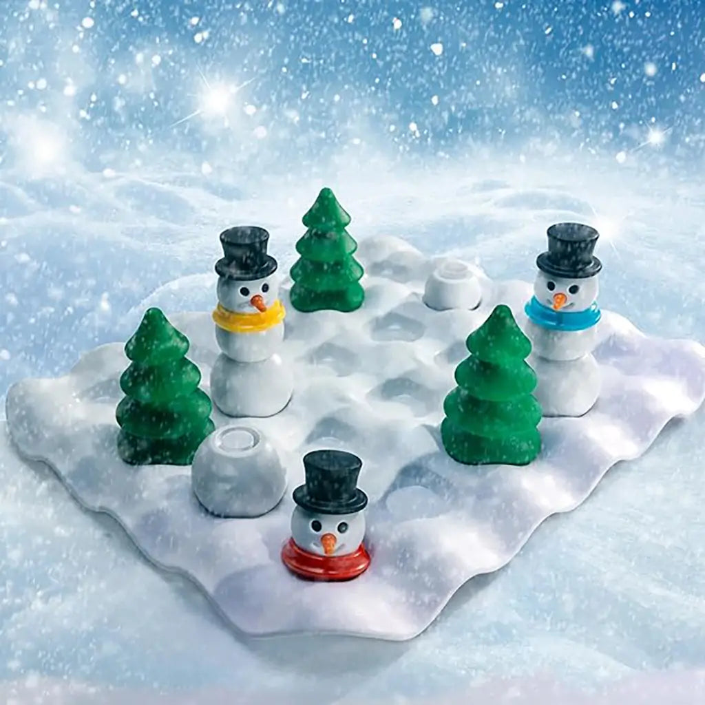 Snow puzzle game board featuring colorful plastic snowmen with scarves and black top hats placed among green pine trees on a textured snowy base under a wintry background.