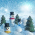 Close-up of plastic snowmen with colorful scarves and black top hats standing beside igloo pieces and pine trees on a snowy surface, evoking a festive winter puzzle challenge.