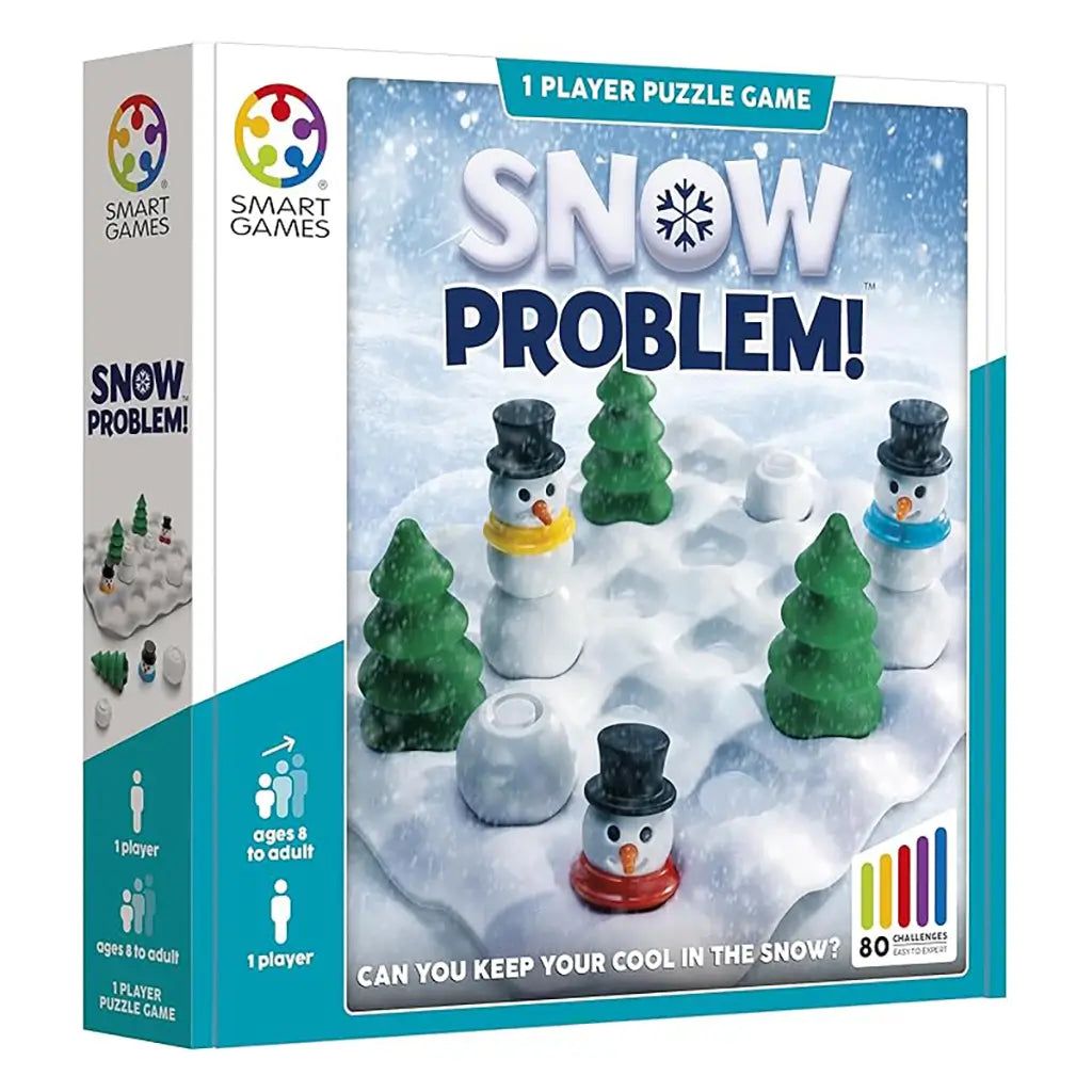 Smart Games Snow Problem! puzzle box showing playful snowmen with hats and scarves standing on a snowy grid board surrounded by pine trees, designed for solo brain-teasing fun.