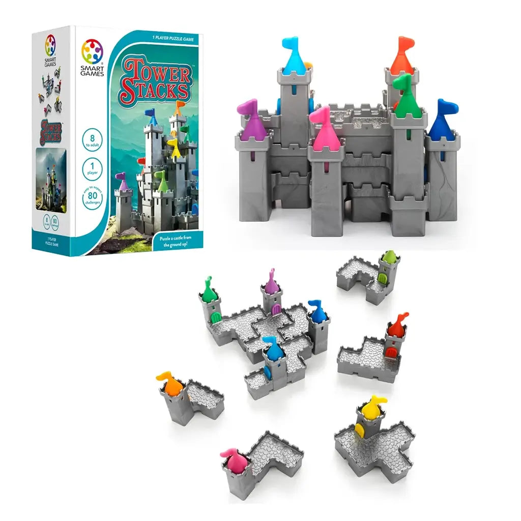 Smart Games Tower Stacks box shows a tall gray castle with colorful flags, advertising 80 challenges for one player ages eight to adult, themed around castle-building fun.