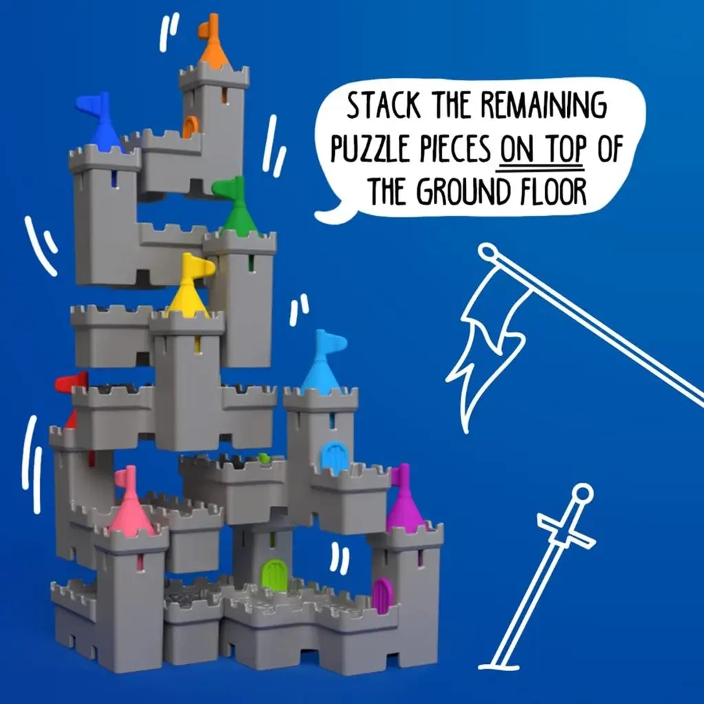 Smart Games Tower Stacks puzzle shows gray castle towers with colorful flags stacked high, demonstrating how pieces interlock to build vertically from the ground floor.