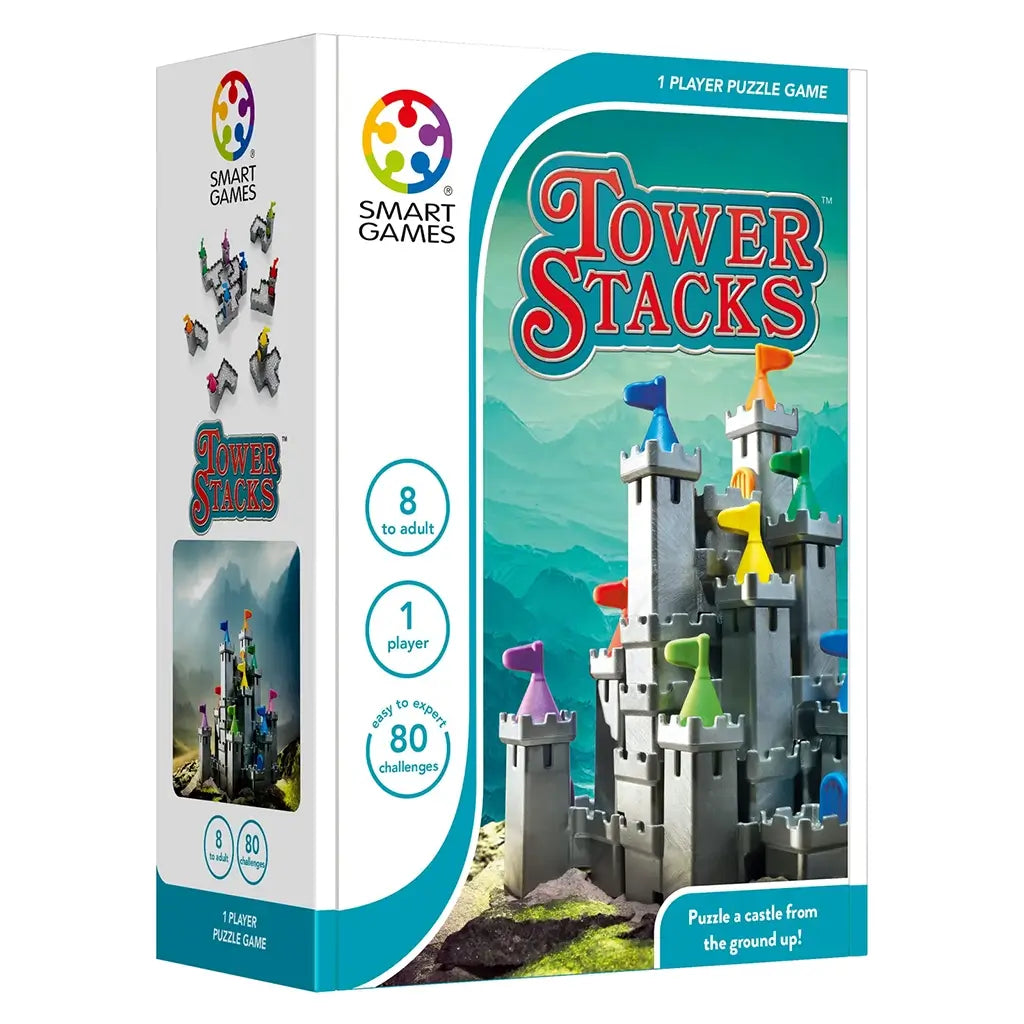 Smart Games Tower Stacks puzzle set includes gray castle pieces with colorful flags, challenge booklet, and game box, offering 80 stacking challenges for players ages eight and up.