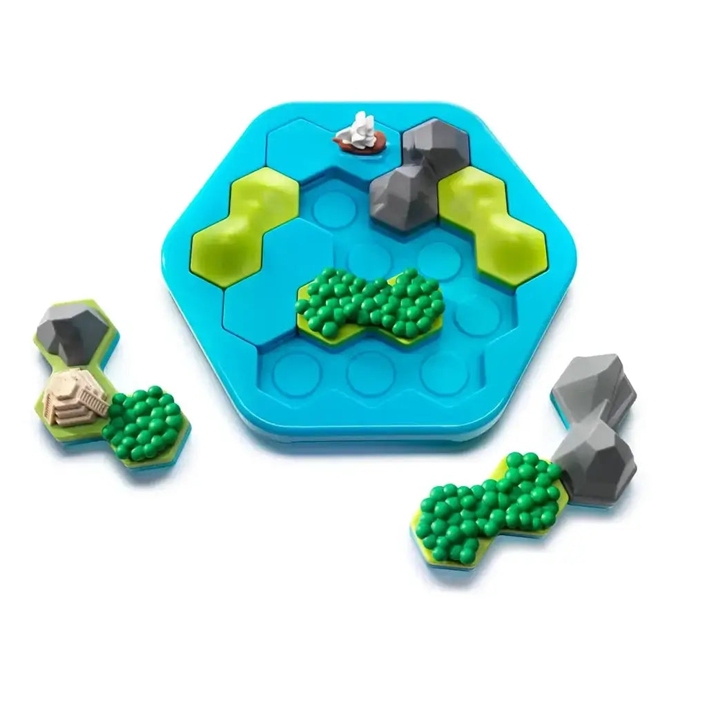Smart Games Treasure Island puzzle board with four removable island pieces shaped as mountains, forests, and temple structures, ready to fit into the hexagonal base.