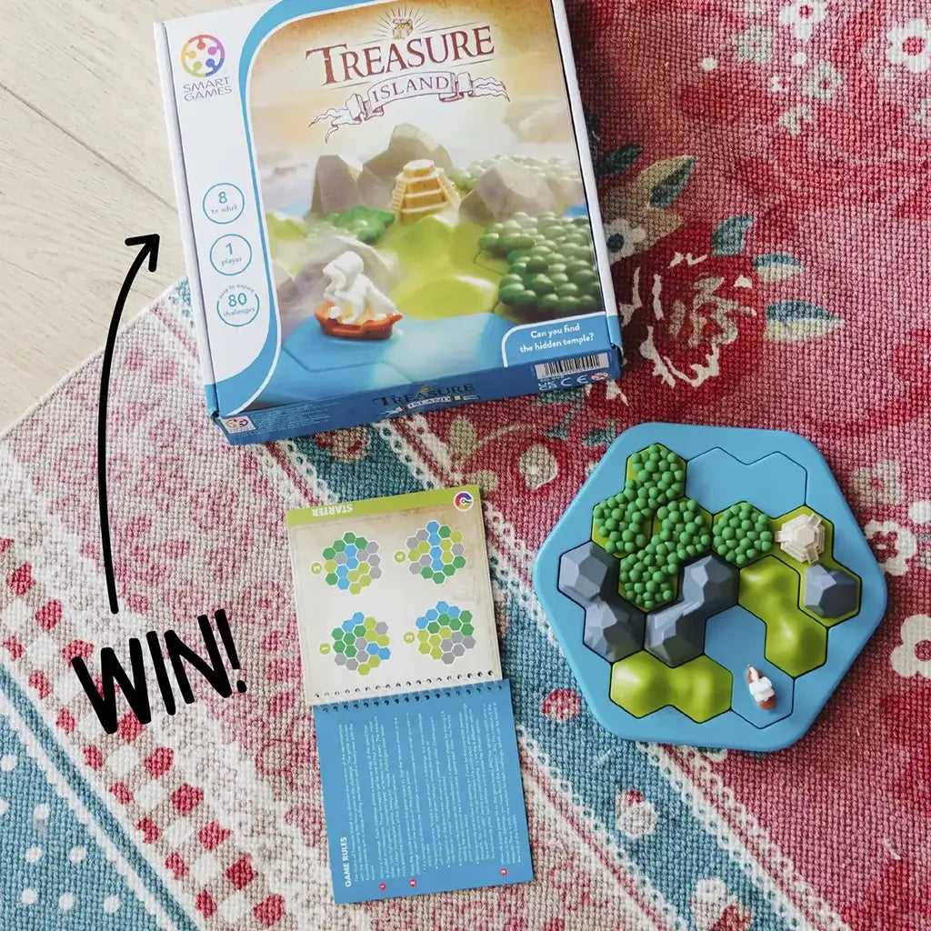 Smart Games Treasure Island box set includes puzzle board, island pieces shaped like mountains, forests, and temples, plus illustrated challenge booklet with solutions.