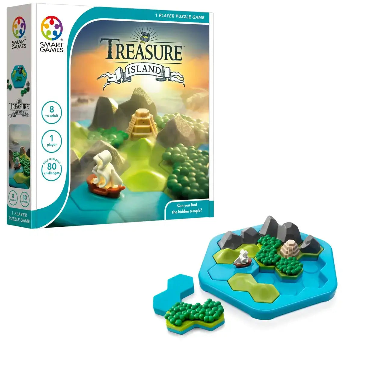 Front packaging of Smart Games Treasure Island shows a sailboat approaching a lush island with a temple hidden in greenery, designed for one player ages eight and up.
