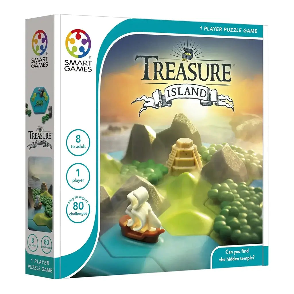 Smart Games Treasure Island box and puzzle board featuring a ship sailing toward an island with forests, mountains, and a hidden temple, offering 80 single-player challenges.