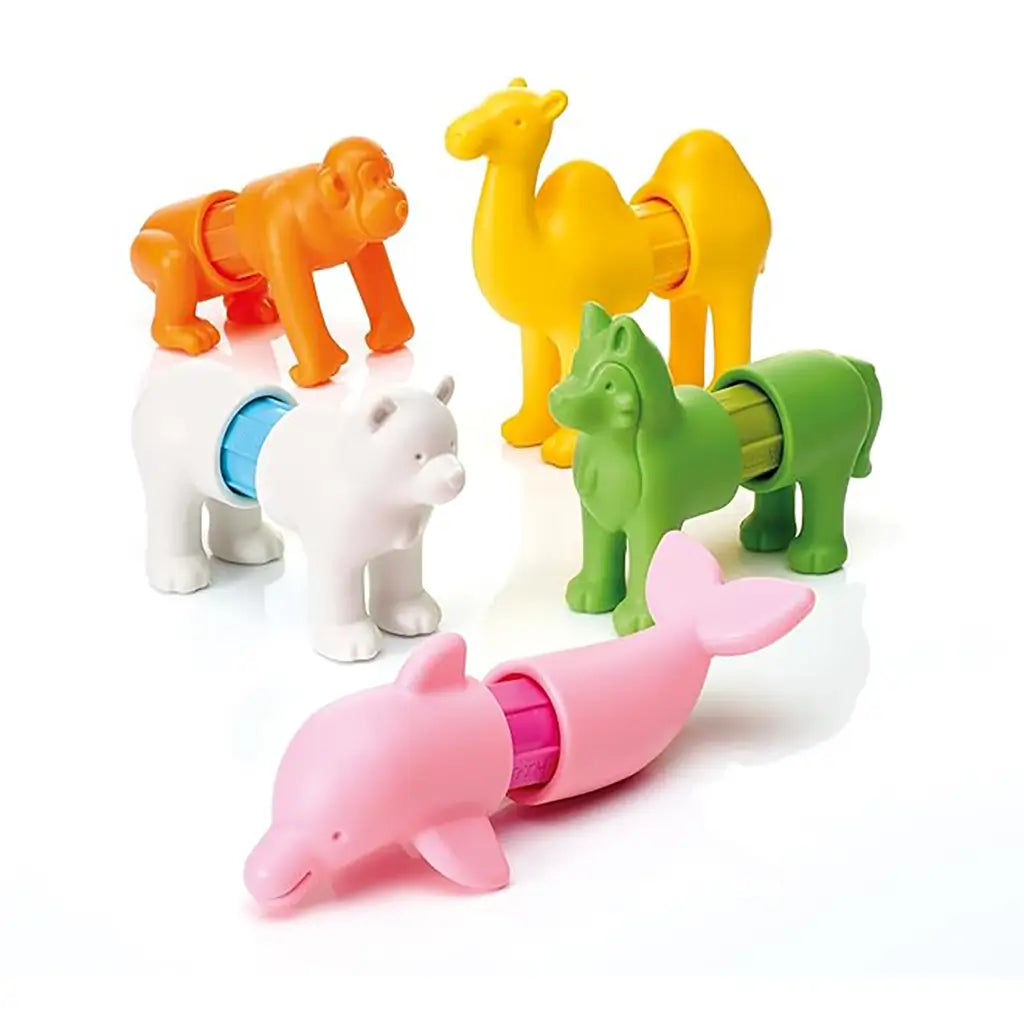 SmartMax magnetic toy set featuring bright animal figures including dolphin, camel, monkey, bear, and horse, designed for children ages 1–5 to build and explore.