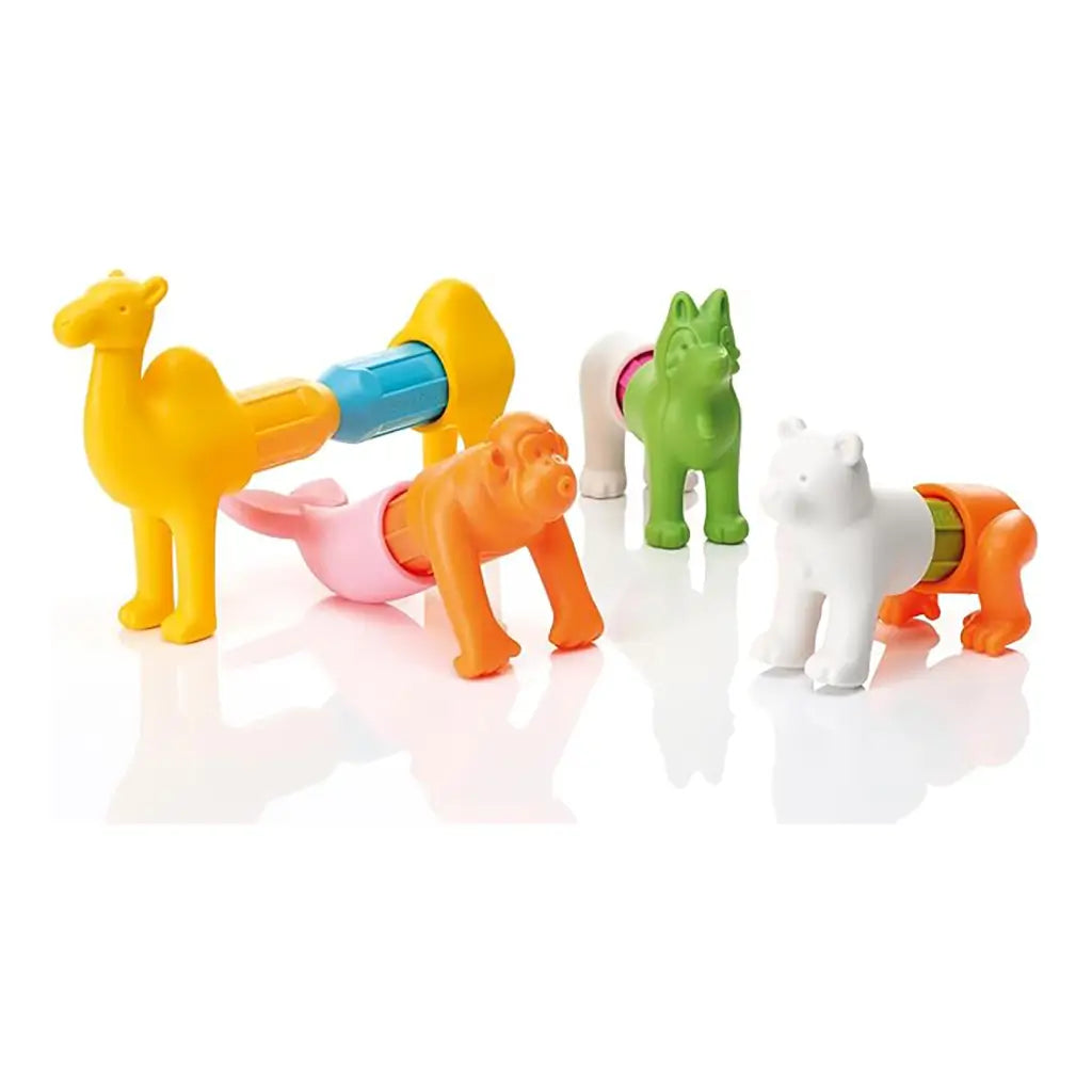 SmartMax magnetic animal toys shown mixed and matched, including camel, dolphin, monkey, horse, and bear pieces connected in fun, creative combinations.