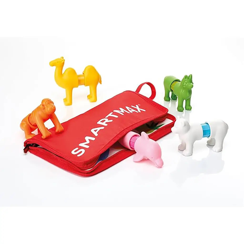 SmartMax magnetic animal toys with camel, dolphin, monkey, horse, and bear stored in a bright red travel bag, ideal for on-the-go toddler play and learning.