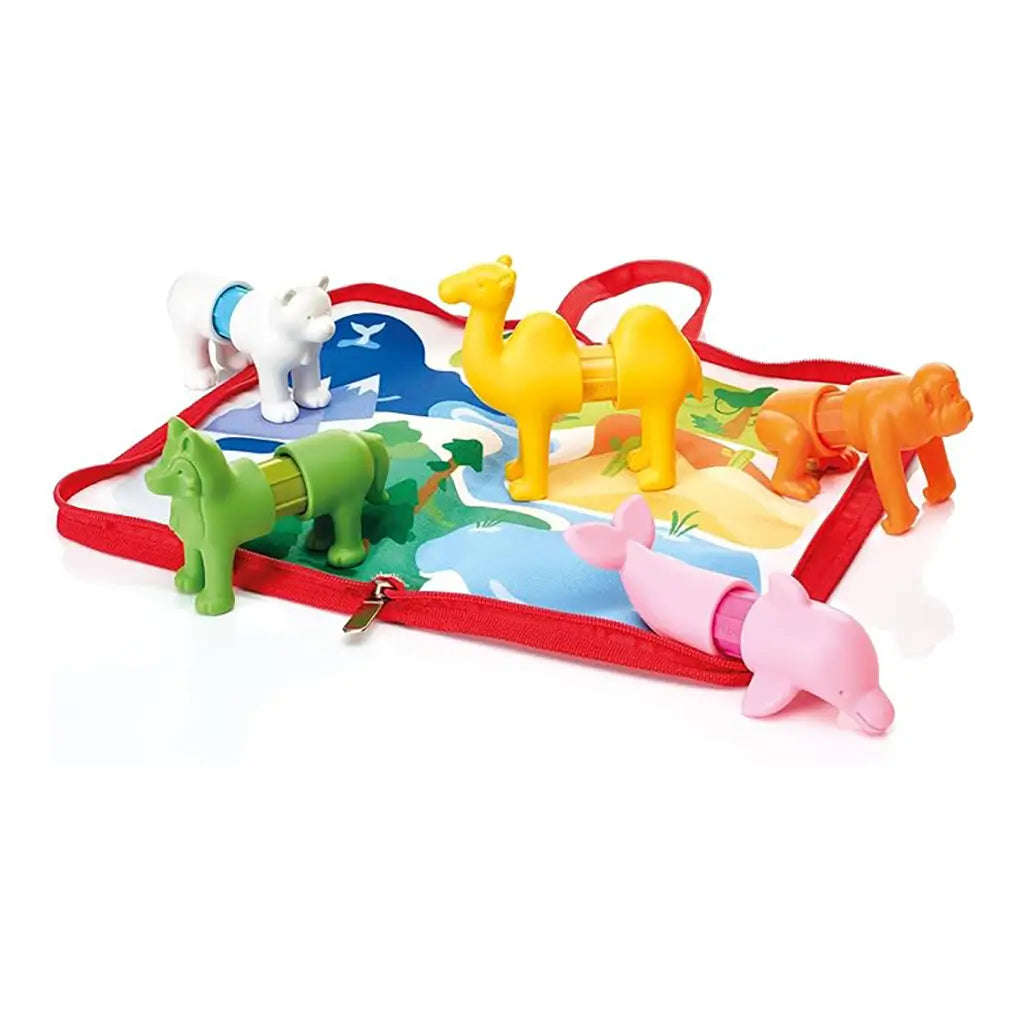 SmartMax magnetic animal toy set with colorful camel, bear, monkey, horse, and dolphin figures on a soft playmat, designed for early learning and interactive play.