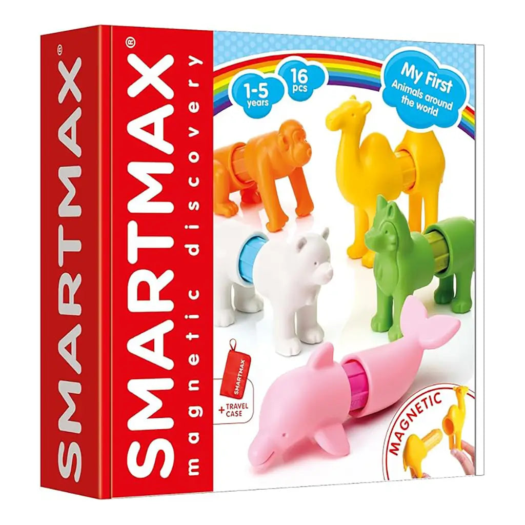 SmartMax My First Animals Around the World magnetic toy set box showing colorful animal figures with 16 pieces, suitable for toddlers ages 1 to 5 years.