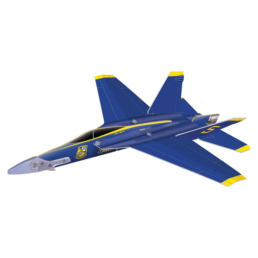 Smithsonian F/A-18 Hornet Blue Angels foam glider displays vivid blue wings with yellow tips, a slim aerodynamic body, and lightweight construction designed for looping, soaring, and sustained outdoor flight play.