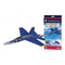 Smithsonian F/A-18 Hornet Blue Angels glider features bold blue and yellow foam wings with a sleek pointed nose and lightweight body shown beside the product box for long-distance catapult-powered flight demonstrations. 