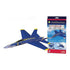 Smithsonian F/A-18 Hornet Blue Angels glider features bold blue and yellow foam wings with a sleek pointed nose and lightweight body shown beside the product box for long-distance catapult-powered flight demonstrations. 