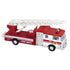 Toy fire truck model featuring red and white plastic body, chrome side panels, long raised white lattice ladder and hose gear, shown on a clean background for detailed product viewing.