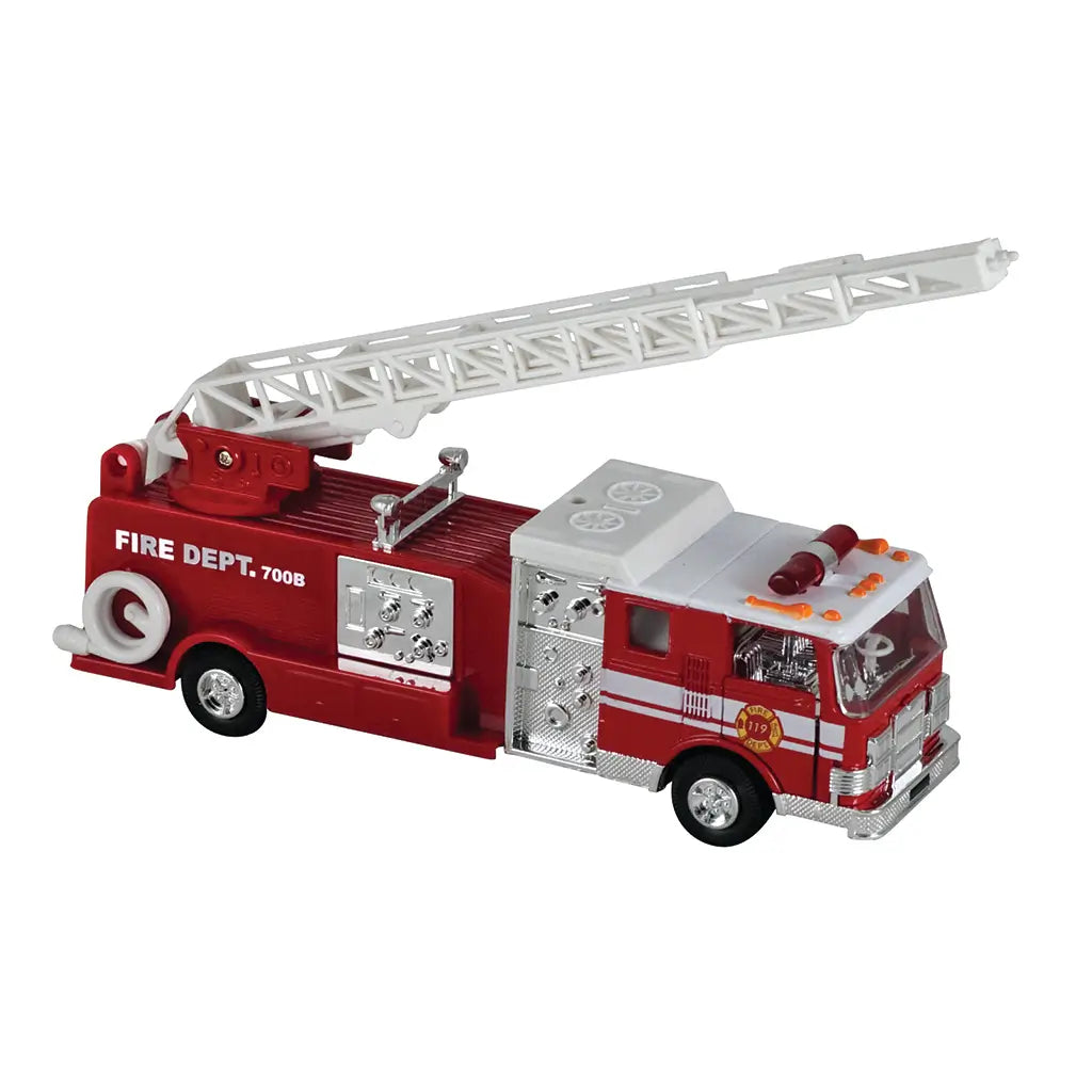 Toy fire truck model in red and white plastic with chrome panels, an extended white lattice ladder, coiled hose and side controls, set against a plain background for product display.