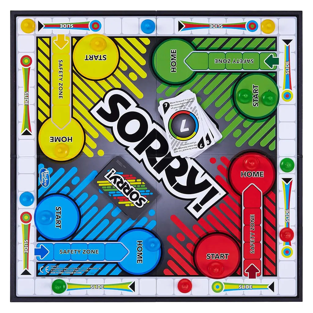 Sorry board game playing surface with bright red, blue, green, and yellow zones, smooth laminated square board showing start, home, safety zones, slide paths, and numbered spaces for classic family gameplay on a neutral background.