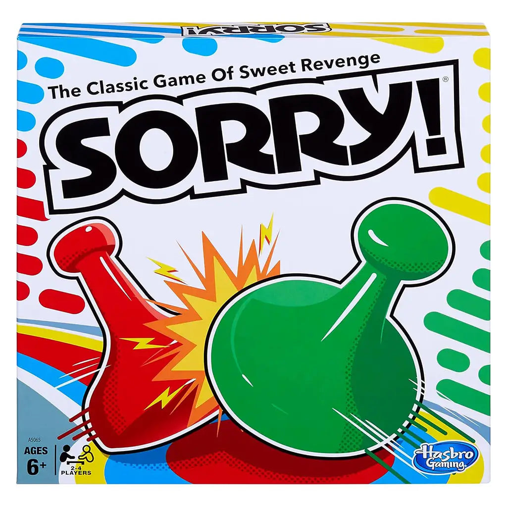 Sorry board game box front with white cardboard packaging, bold black logo, red and green pawns colliding in illustrated style, classic family board game branding, and Hasbro Gaming logo displayed prominently on the front panel.