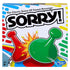Sorry board game box front with white cardboard packaging, bold black logo, red and green pawns colliding in illustrated style, classic family board game branding, and Hasbro Gaming logo displayed prominently on the front panel.