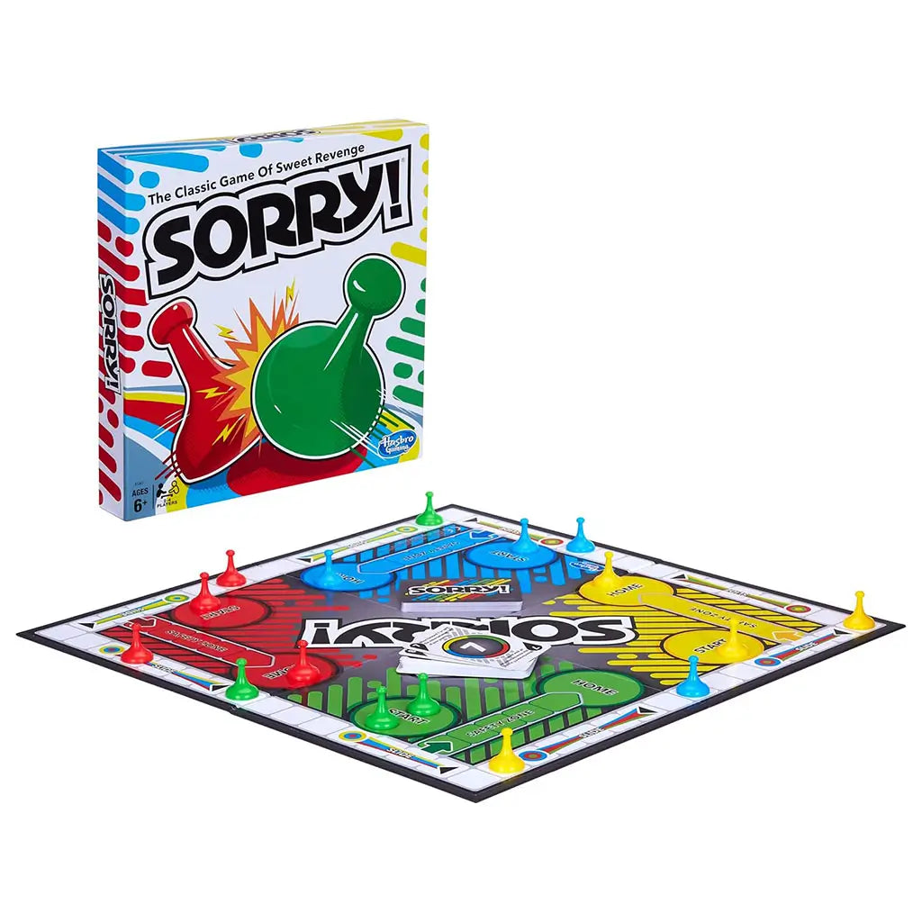 Sorry board game set arranged on a flat surface with colorful plastic pawns, glossy square game board, card deck, and branded box nearby, showing all included components for the classic competitive family board game experience.
